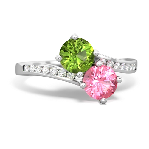 peridot-pink sapphire two stone channel ring