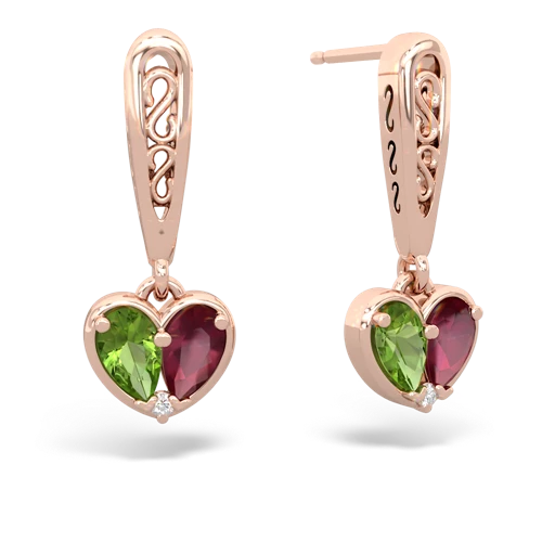 peridot-ruby filligree earrings