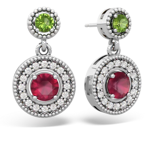 peridot-ruby halo earrings