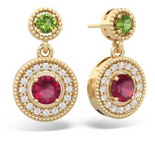peridot-ruby halo earrings