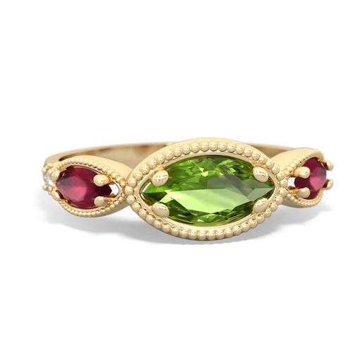 Genuine Peridot with Genuine Ruby and Genuine Ruby Antique Style Keepsake ring