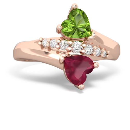 Peridot Genuine Peridot with Genuine Ruby Heart to Heart Bypass ring Ring