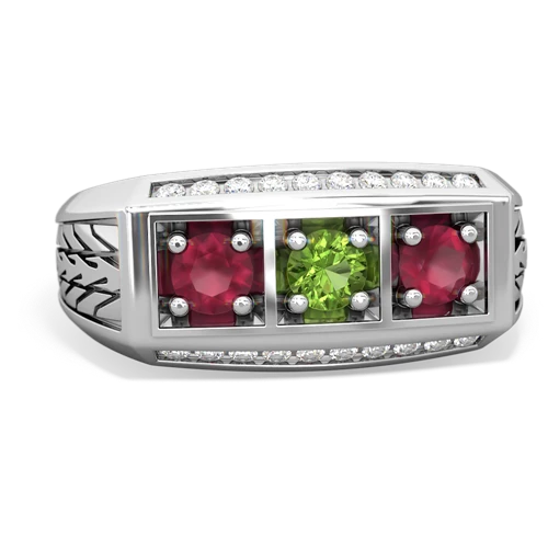 peridot-ruby three stone ring