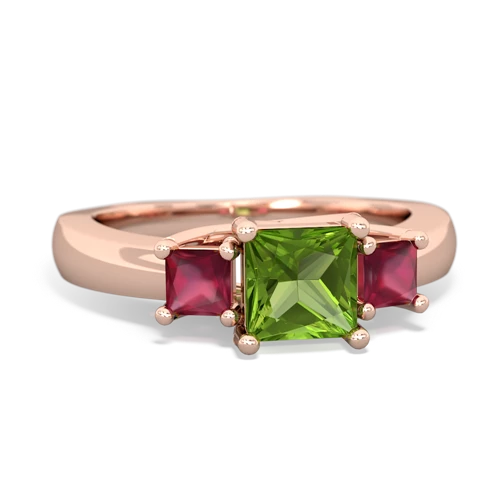 Genuine Peridot with Genuine Ruby and Genuine Ruby Three Stone Trellis ring