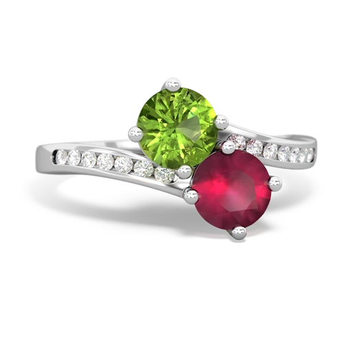 peridot-ruby two stone channel ring