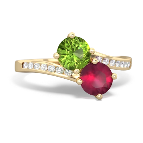 peridot-ruby two stone channel ring