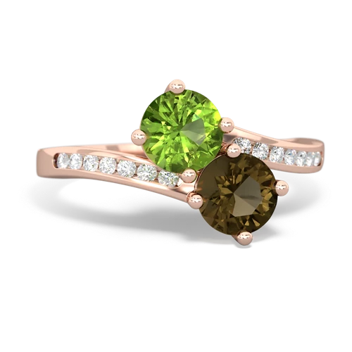 peridot-smoky quartz two stone channel ring