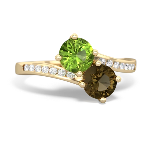 peridot-smoky quartz two stone channel ring