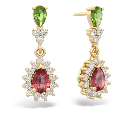 Peridot Genuine Peridot with Genuine Pink Tourmaline Halo Pear Dangle earrings Earrings