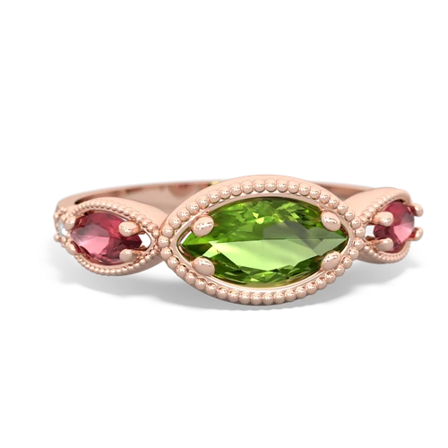 Peridot Genuine Peridot with Genuine Pink Tourmaline and  Antique Style Keepsake ring Ring