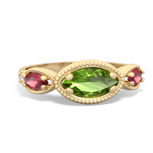 Peridot Genuine Peridot with Genuine Pink Tourmaline and Lab Created Ruby Antique Style Keepsake ring Ring