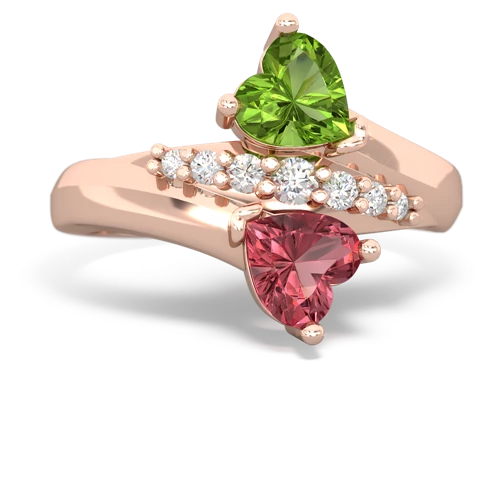 Peridot Genuine Peridot with Genuine Pink Tourmaline Heart to Heart Bypass ring Ring