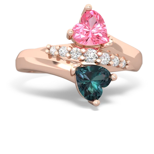 Lab Pink Sapphire Lab Created Pink Sapphire with Lab Created Alexandrite Heart to Heart Bypass ring Ring