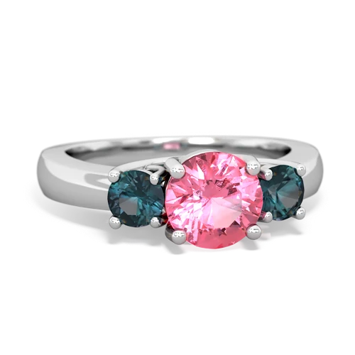 Lab Pink Sapphire Lab Created Pink Sapphire with Lab Created Alexandrite and Lab Created Alexandrite Three Stone Trellis ring Ring