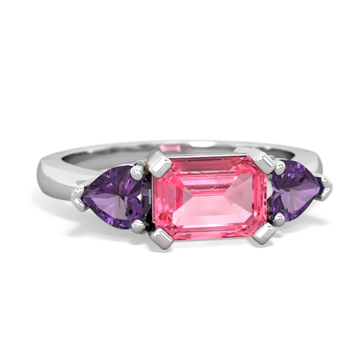 Lab Created Pink Sapphire with Genuine Amethyst and Genuine Amethyst Three Stone ring