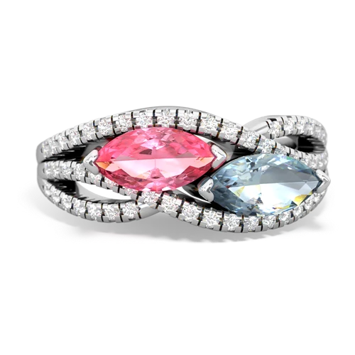 pink sapphire-aquamarine double heart ring