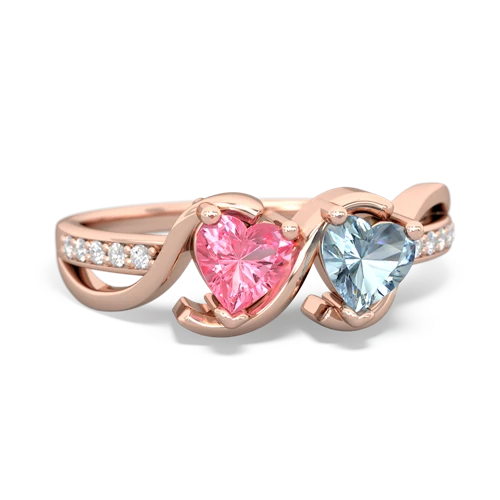 pink sapphire-aquamarine double heart ring
