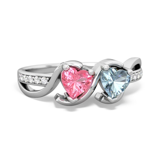 pink sapphire-aquamarine double heart ring