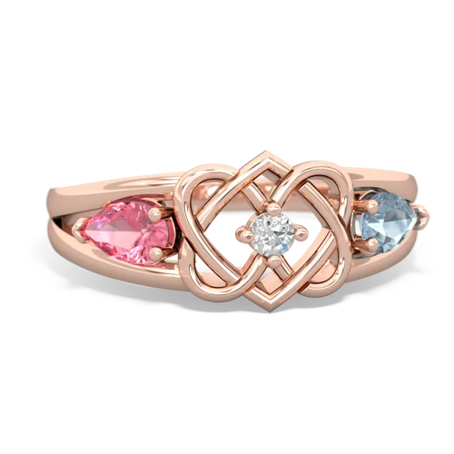 pink sapphire-aquamarine double heart ring