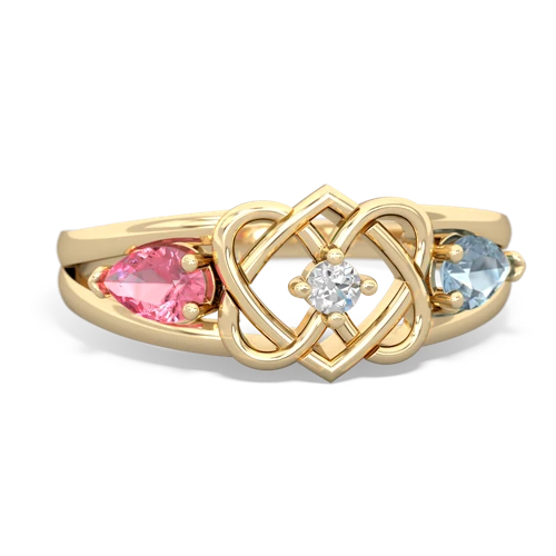 pink sapphire-aquamarine double heart ring