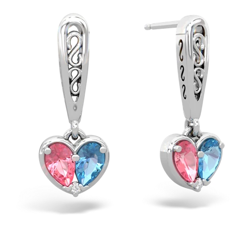 pink sapphire-blue topaz filligree earrings