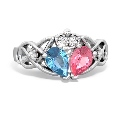 pink sapphire-blue topaz claddagh ring