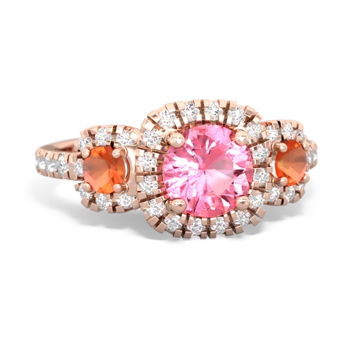 pink sapphire-fire opal three stone regal ring