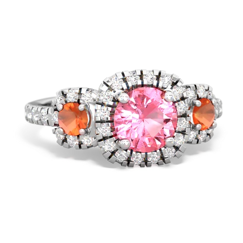 pink sapphire-fire opal three stone regal ring