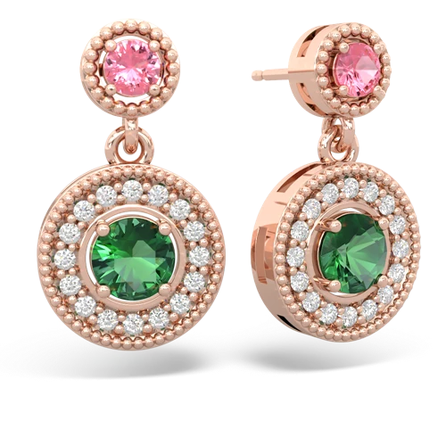 pink sapphire-lab emerald halo earrings