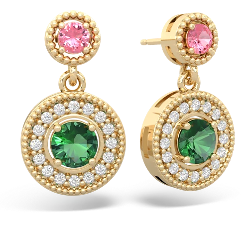 pink sapphire-lab emerald halo earrings