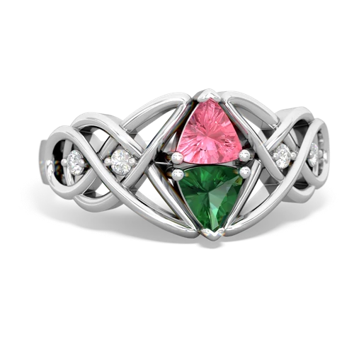 pink sapphire-lab emerald celtic knot ring