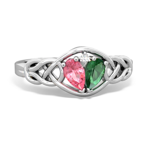 pink sapphire-lab emerald celtic knot ring