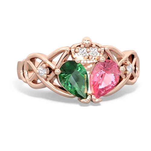 pink sapphire-lab emerald claddagh ring
