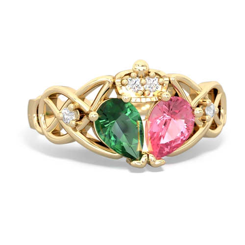 pink sapphire-lab emerald claddagh ring