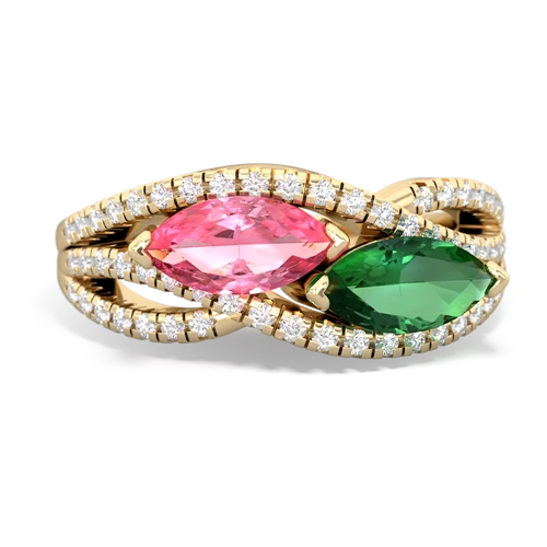 pink sapphire-lab emerald double heart ring