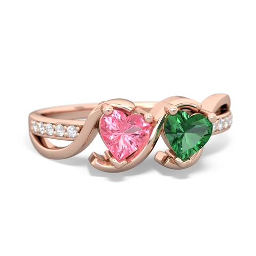 pink sapphire-lab emerald double heart ring