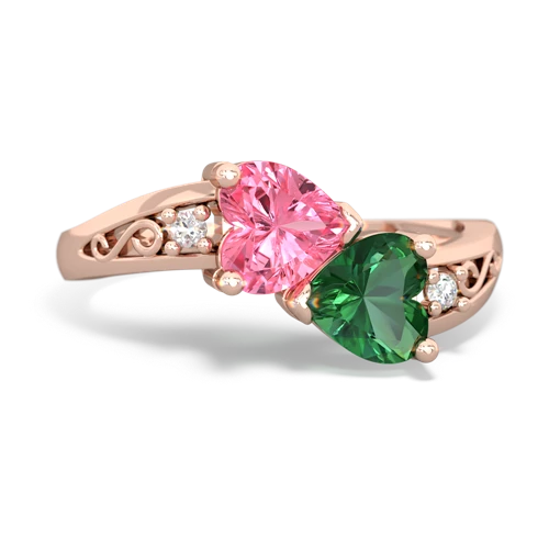 Lab Pink Sapphire Lab Created Pink Sapphire with Lab Created Emerald Snuggling Hearts ring Ring
