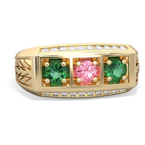 pink sapphire-lab emerald three stone ring