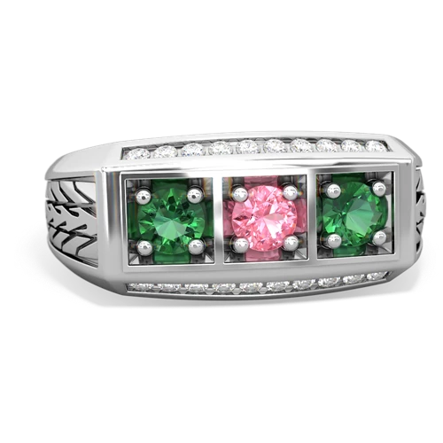 pink sapphire-lab emerald three stone ring