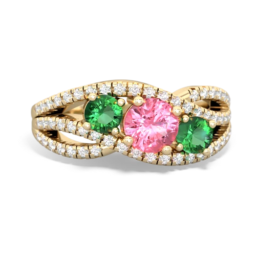 pink sapphire-lab emerald three stone pave ring