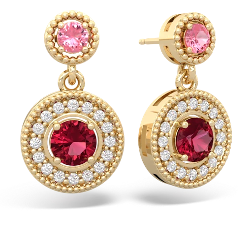 pink sapphire-lab ruby halo earrings