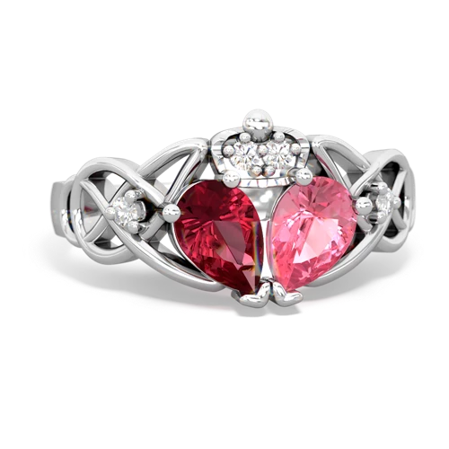 pink sapphire-lab ruby claddagh ring