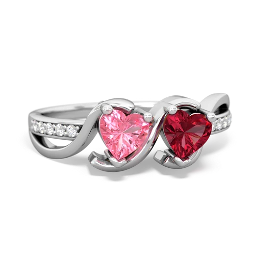 pink sapphire-lab ruby double heart ring