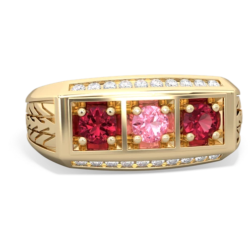 pink sapphire-lab ruby three stone ring