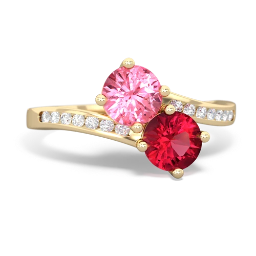 pink sapphire-lab ruby two stone channel ring