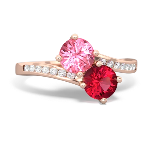 pink sapphire-lab ruby two stone channel ring