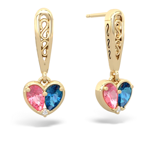 pink sapphire-london topaz filligree earrings