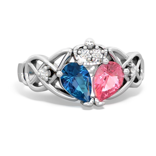 pink sapphire-london topaz claddagh ring