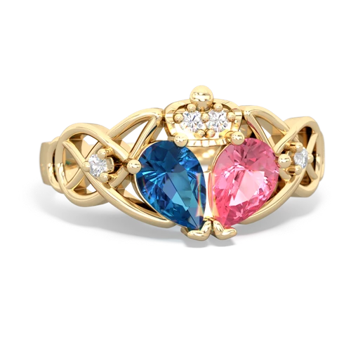 pink sapphire-london topaz claddagh ring