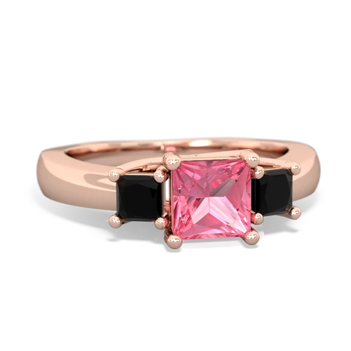 Lab Created Pink Sapphire with Genuine Black Onyx and Genuine London Blue Topaz Three Stone Trellis ring